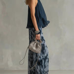 Navy Halter Neck Top And Printed Wide-leg Pants Chiffon Set