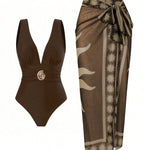 French Vintage Print Deep-V Sexy Swimsuit Set
