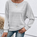 Women's Casual Solid-Color Ribbed Long-Sleeve Crew-Neck Top