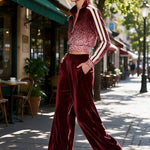 Burgundy velvet leopard-print ombre top and wide-leg trousers set