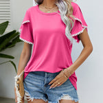 Pom-Pom Trim Flutter Sleeve Round Neck Tee Casual Blouses Tops