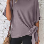 Solid Color Batwing Sleeve Hem Knotted Loose T Top