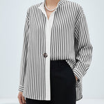 Long Sleeves Loose Buttoned Striped Stand Collar Blouses&Shirts Tops