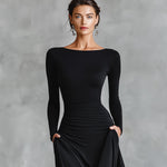 Women's Black Modern Crepe Ruched Boat - Neck Maxi Dress