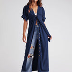 V Neck Short Sleeve Button Down Blouse Dress Tie Casual Long Maxi Dresses