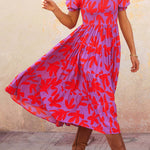 Botanical print puff sleeve A-line dress