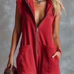 Retro Fashiona Sporty Hooded V-neck Front Zipper Raspberry Red Cotton Jumpsuit
