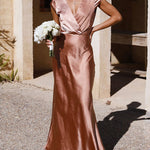Loose Short Sleeves Pleated Solid Color Split-Joint V-Neck Maxi Dresses