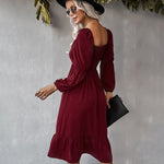 Solid Square Neck Bishop Sleeve Flounce Hem Dress