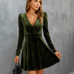 Sexy V Neck Long Sleeve Velvet Mini Dress