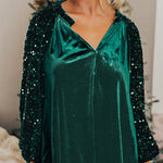 Sequin Patchwork Sleeve Button Up Velvet Top