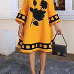 A-Line Flared Sleeves Flower Print Split-Joint Mock Neck Midi Dresses