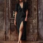 V Neck Short Sleeve Button Down Blouse Dress Tie Casual Long Maxi Dresses