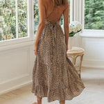 Vintage Bohemian Leopard Print Dress Criss Cross Backless Swing Midi Dress Tie Back Maxi Long Bodycon Dress