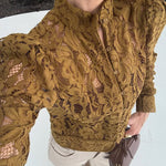 Palace Style Crochet Flower Lace Stand Neck Button Puff Sleeve Jacket