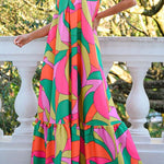 Multicolor Geometric Colorblock V Neck Tiered Maxi Dress
