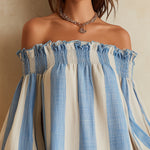 Blue and white striped off-the-shoulder mini dress with a contrasting hem