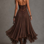 Dark Brown Lace-Paneled Chiffon Maxi Dress