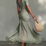 Grey Stretch Fabric And Chiffon Maxi Dress
