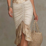 Beige Bohemian Lace Trim Ruched Midi Dress