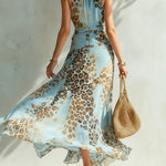 Flowy blue leopard-print chiffon maxi dress