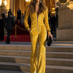 Stylish Retro Yellow Velvet Zipper Long-Sleeved Jumpsuit