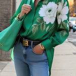 High-Low Long Sleeves Buttoned Flower Print Lapel Blouses&Shirts Tops