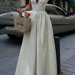 High Waisted Loose Pockets Solid Color Zipper V-Neck Jumpsuits