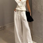Velena Linen Blend Button Up Lapel Top and High Rise Pocket Wide Leg Pants Set