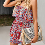 Off Shoulder Jumpsuit Floral Print Strapless Elastic Waist Wide Leg Shorts Romper Dress