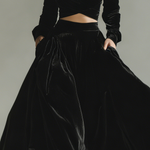 Women's Stylish Black Velvet V-neck Long-sleeved Crop Top Paired With A Long Skirt Set