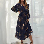 V Neck Long Sleeve Floral Print Maxi Dress