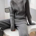 Solid Color Knitted Two Piece Casual Loose Loungewear Knit Sweater&Pants Set
