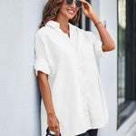 Nadorine Long Cuffed Sleeve Shirts Button Down V Neck Blouse Loose Fitting Tops