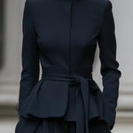 Long Sleeves Solid Color Tied Waist Mock Neck Outerwear