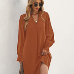 Notch Neck Solid Tunic Dress V-Neck Puff Sleeve Mini Tunic Dress