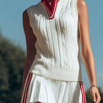 【24-hour shipping out】Retro Sports Style Stand-up Collar Pleated Sleeveless Knitted Top Pleated Skirt Suit