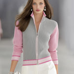 Stand Collar Zipper Contrast Color Knitted Cardigan