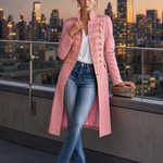 Vintage Washed Denim Military Officer Longline Gold-Button Fitted Statement Coat Women