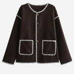 Nadorine Buttoned Crew Neck Loose Color Block Knitted Jacket