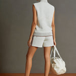 Retro Sporty Grey And White Half-zip Sleeveless Sweatshirt And Shorts Set