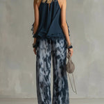 Navy Halter Neck Top And Printed Wide-leg Pants Chiffon Set