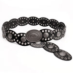 Oval stitching waist belt with large round pattern alloy buckle