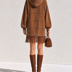 Brown hooded faux-suede mini dress with fringe