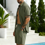 KZZ Men's Summer Striped Linen Shirt and Straight-Leg Shorts Set