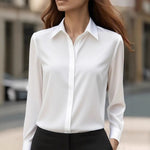 Solid color long-sleeved versatile shirt with lapel satin shirt