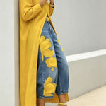 Long shirt paired with a floral wide-leg denim trouser set