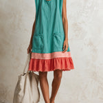 Blue Sleeveless Red Striped And Ruffled Loose Mini Dress