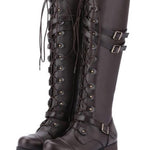 Round toe belt buckle rivet lace-up high-top riding boots