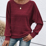 Women's Casual Solid-Color Ribbed Long-Sleeve Crew-Neck Top